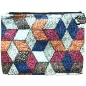 Women's Patchwork Patter Leather Zipper Trendy Designer Wristlet Elegant Clutch